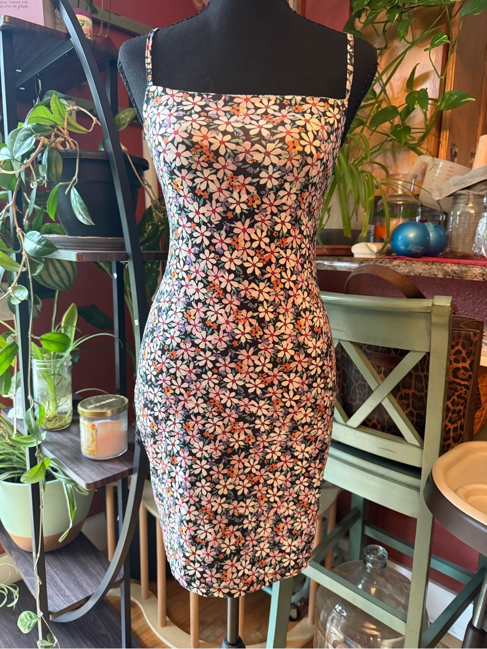 Cider Black Floral Spaghetti-Strap Bodycon Mini Dress